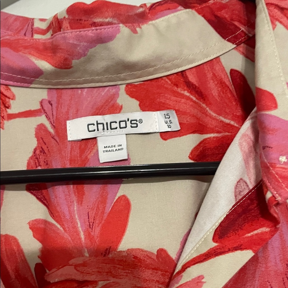 Chico's Vibrant Red and Pink Leaf Print Button Down Shirt - Picture 2 of 2